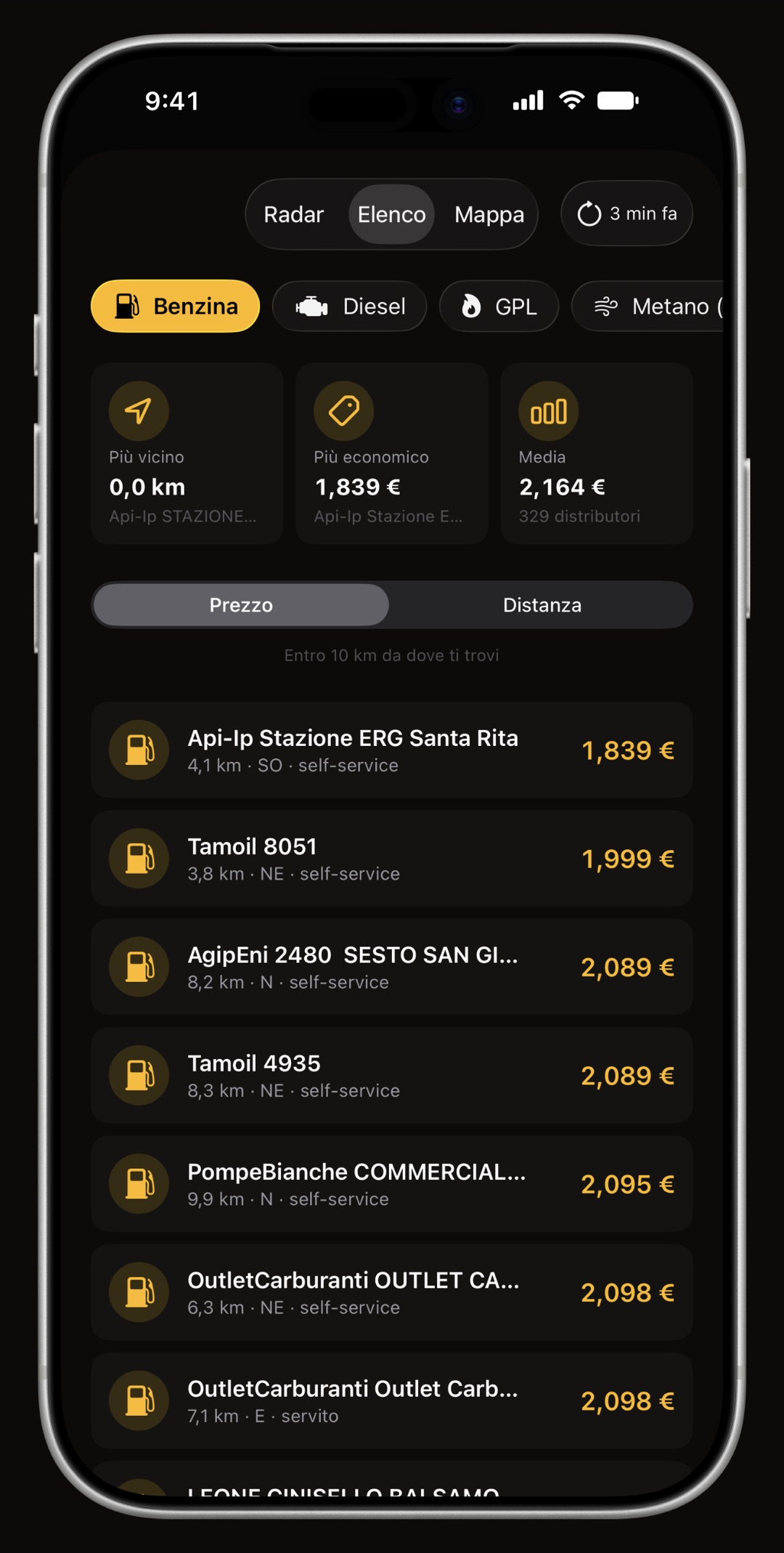 Elenco del Radar prezzi di WrenchTime su iPhone con prezzo, marchio e distanza di ogni stazione