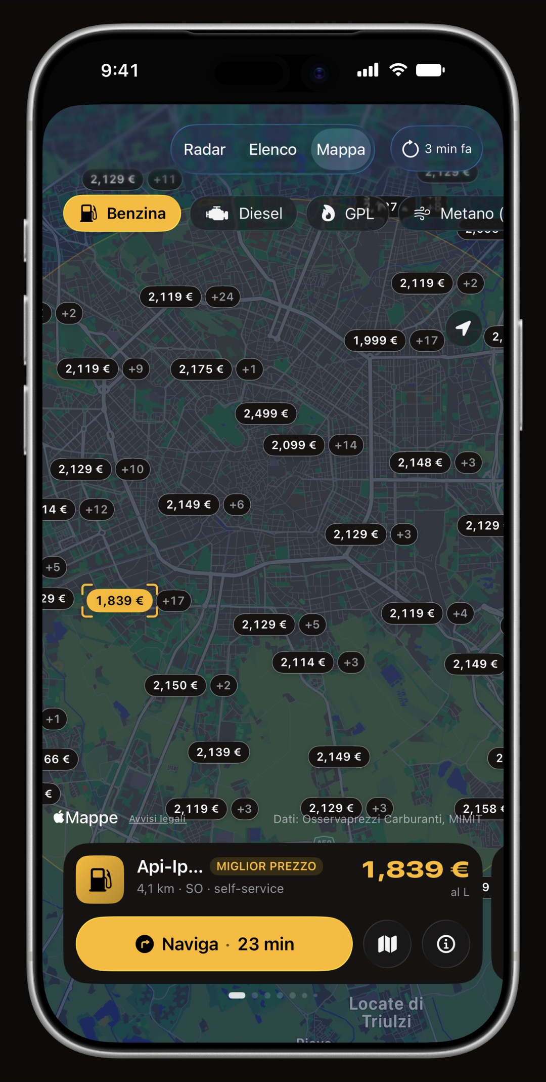 Mappa delle stazioni di rifornimento di WrenchTime con il prezzo su ogni segnaposto