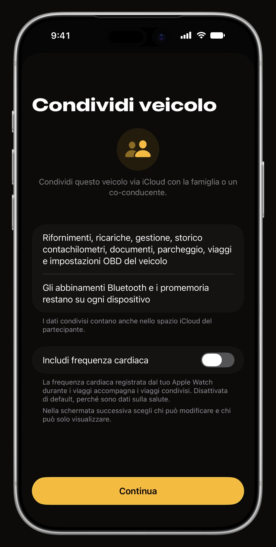 Schermata Condividi veicolo di WrenchTime su iPhone con l'elenco di cosa viaggia, cosa resta su ogni dispositivo e l'interruttore Includi frequenza cardiaca