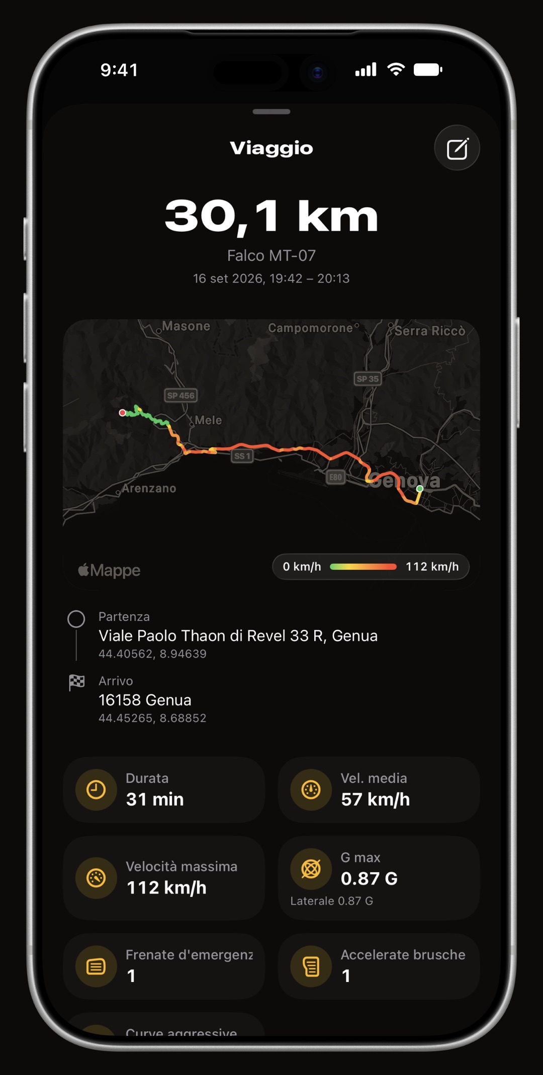 La scheda di un viaggio di WrenchTime su iPhone: distanza in evidenza, il percorso dalla partenza all'arrivo, gli indirizzi e una griglia di metriche