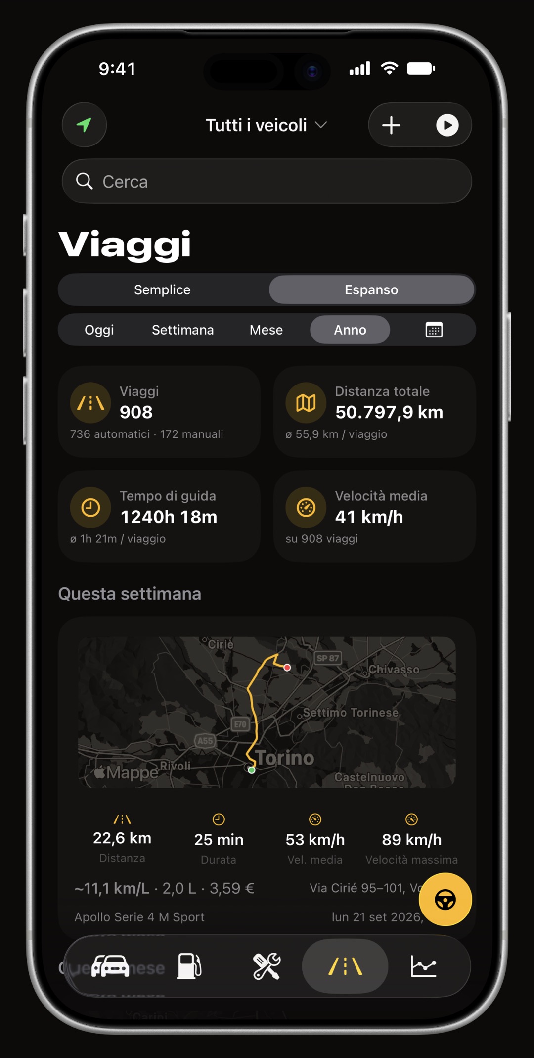 Elenco dei viaggi GPS automatici in WrenchTime con miniature del percorso, distanza e velocità media