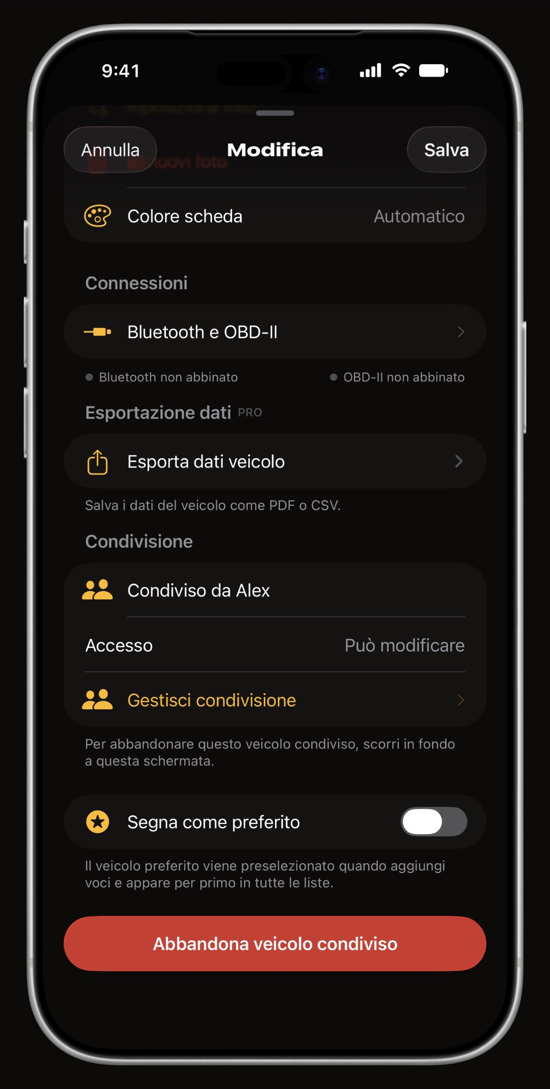 Veicolo condiviso di WrenchTime su iPhone visto da un partecipante: Condiviso da Alex, Accesso Può modificare, Gestisci condivisione