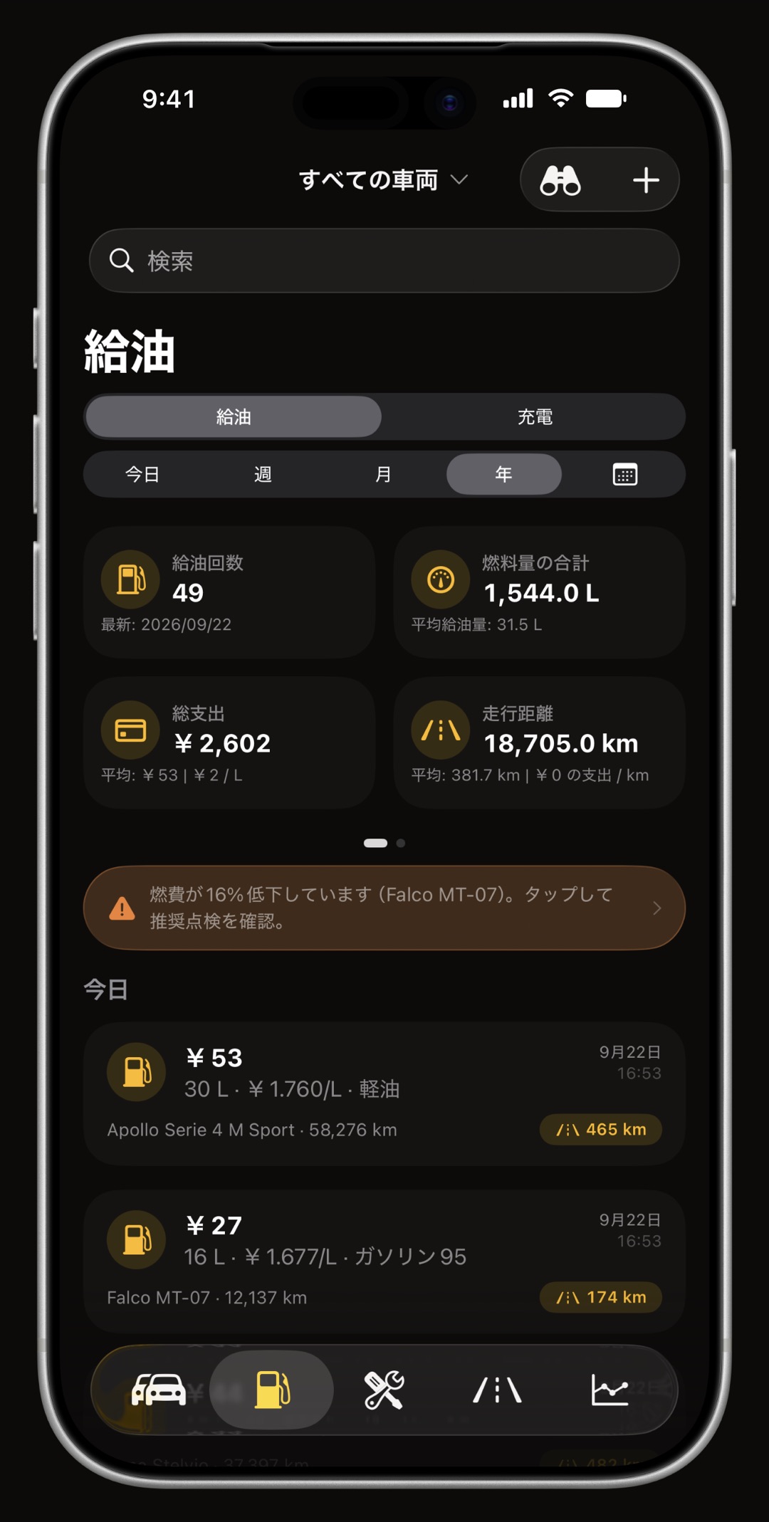 iPhoneのWrenchTime給油記録。給油、量、費用、満タンから満タンまでの燃費を表示