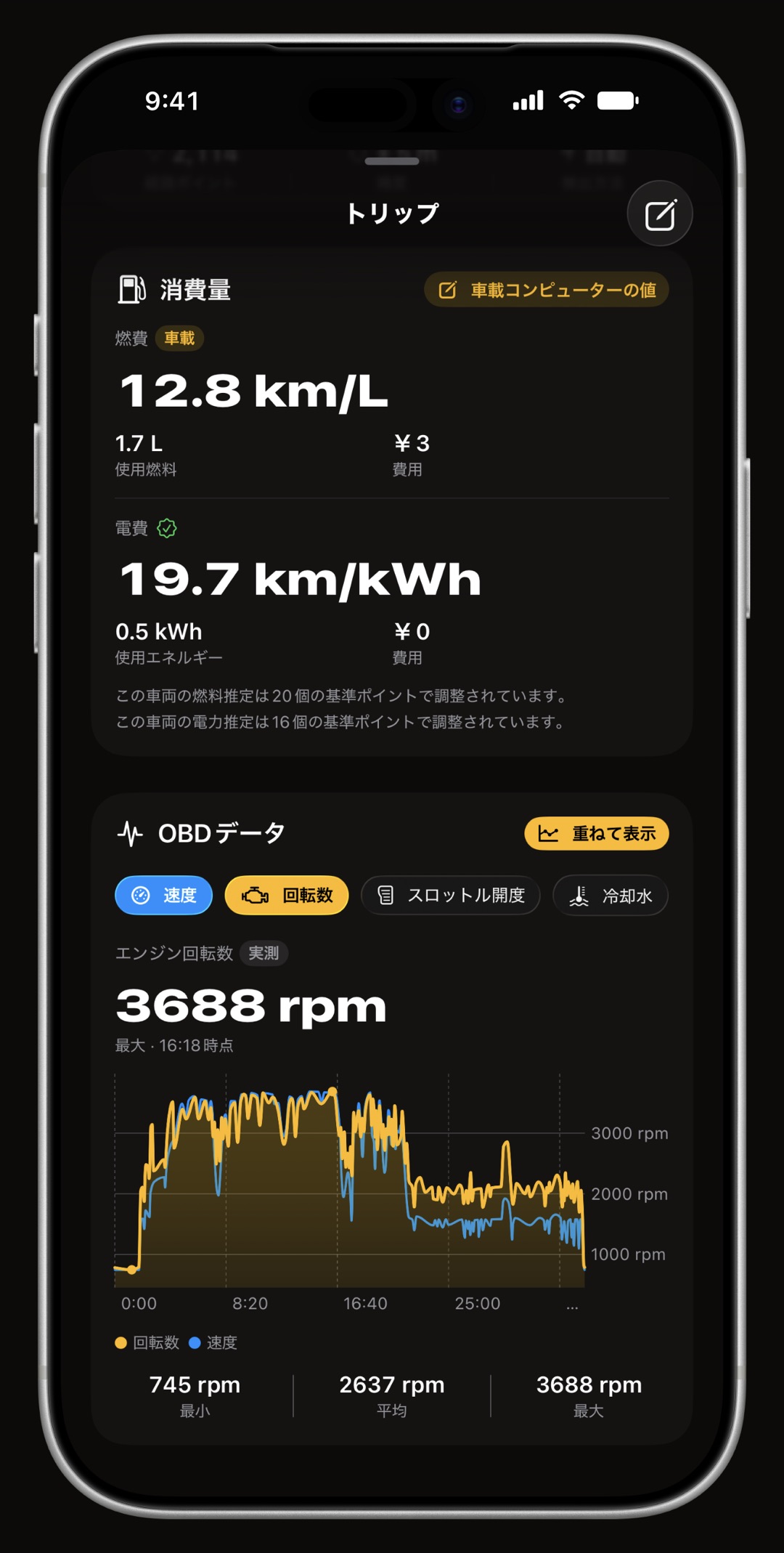 iPhoneのWrenchTime走行シートをOBD-IIグラフまでスクロールした画面。走行中のエンジン回転数に速度を重ねて表示