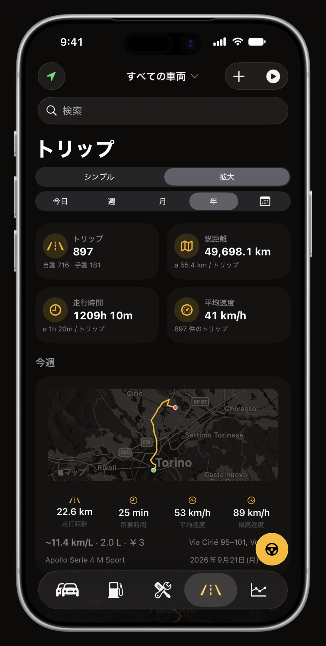 WrenchTimeのGPS自動走行リスト。ルートのサムネイル、距離、平均速度を表示