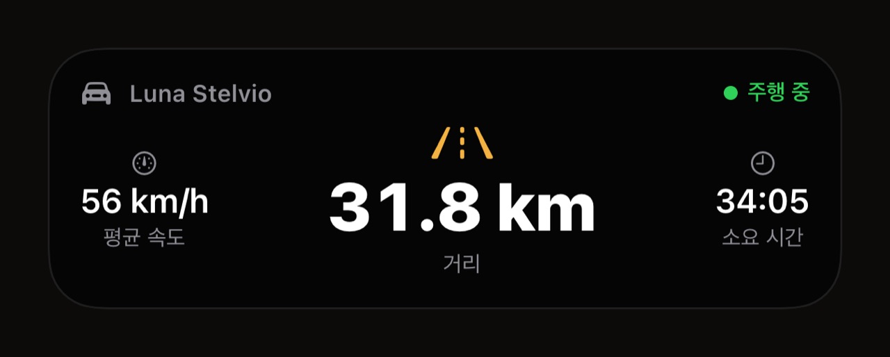 잠금 화면에 뜬 WrenchTime 주행 라이브 활동. 차량, 주행 중, 평균 속도, 거리, 소요 시간
