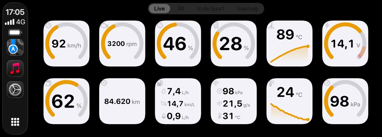 Het meterraster van WrenchTime op CarPlay in lichte weergave op het scherm van een auto