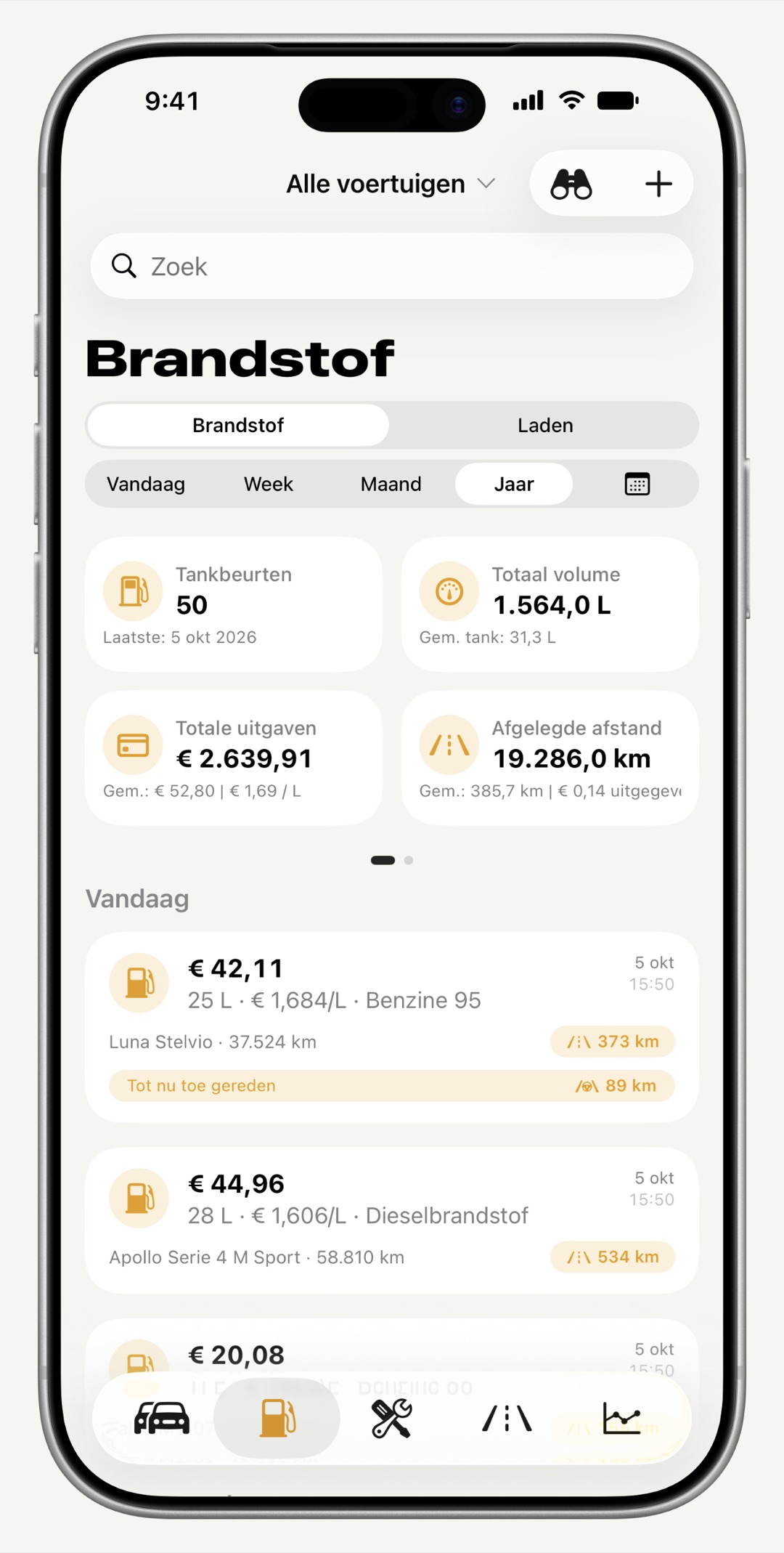 Brandstoflogboek van WrenchTime op iPhone met tankbeurten, volume, kosten en verbruik van volle tank tot volle tank