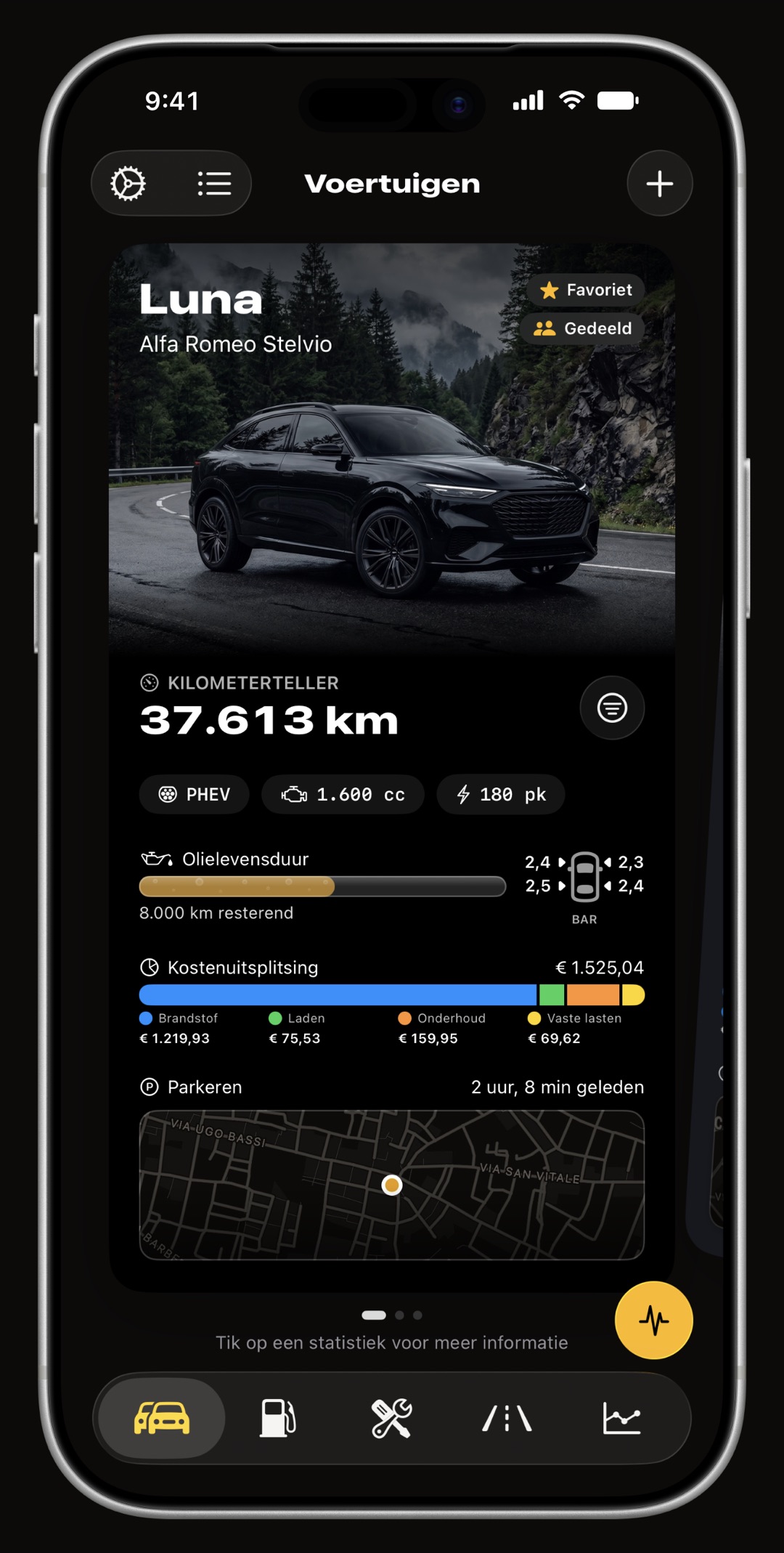 Garage van WrenchTime op iPhone met een autokaart gemarkeerd als Gedeeld