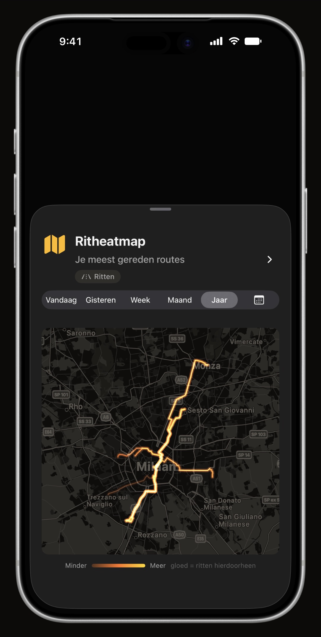 Heatmap van WrenchTime op iPhone met overal waar het voertuig echt heeft gereden