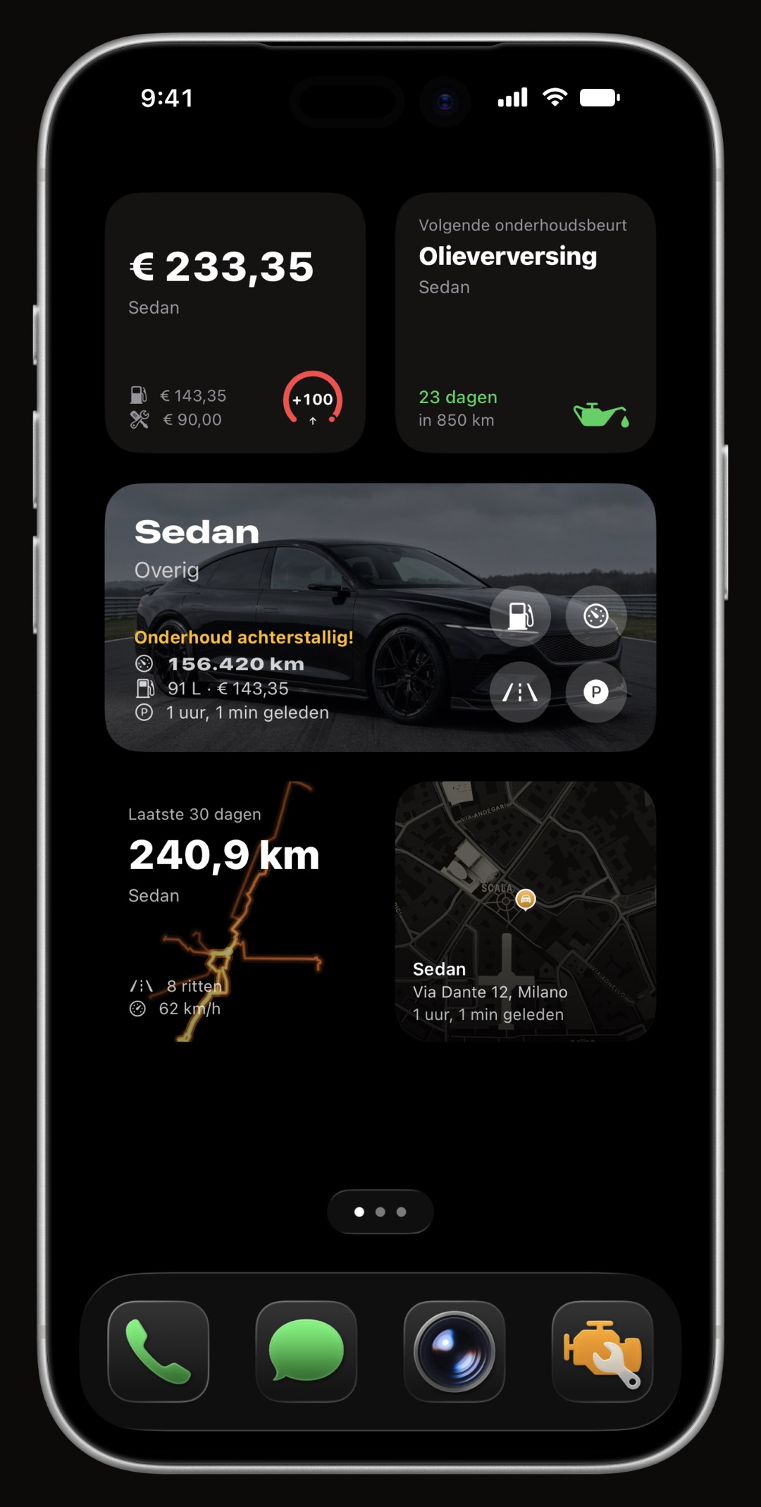 Widgets van WrenchTime voor het beginscherm en het toegangsscherm: brandstofmeter, maanduitgaven, komend onderhoud, parkeren