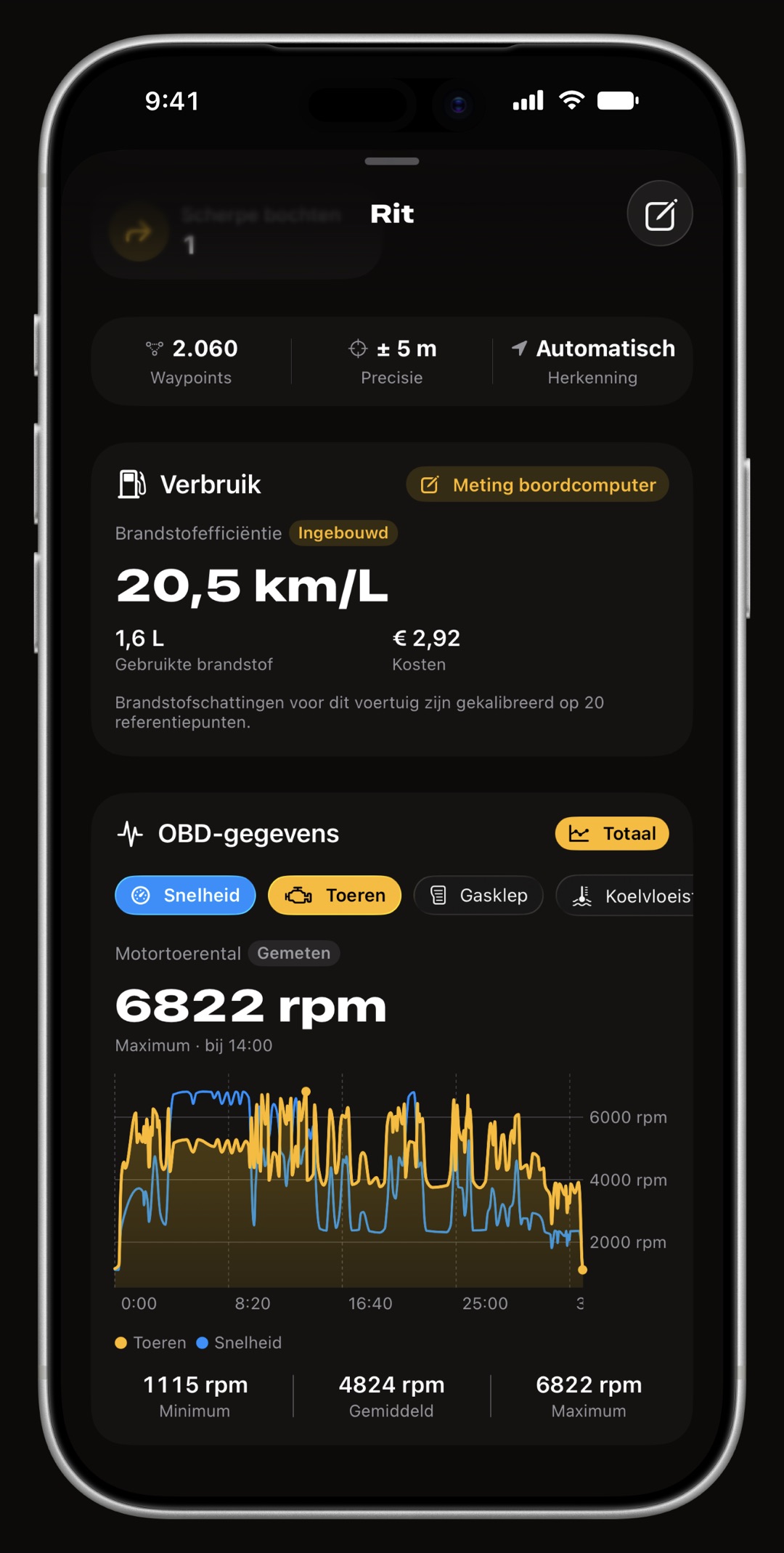 Een ritoverzicht van WrenchTime op iPhone, gescrold naar de OBD-II-grafiek, met het motortoerental over de rit en de snelheid eroverheen