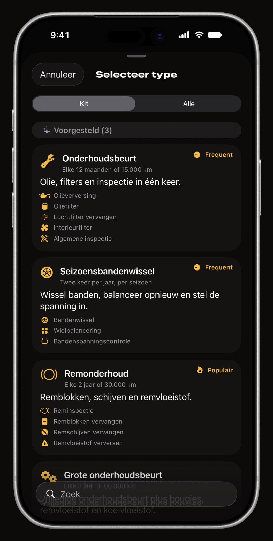 Lijst met onderhoudsprocedures in WrenchTime, met 56 procedures voor auto en motor