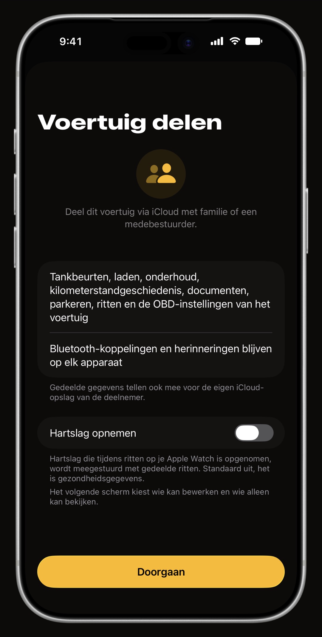 Scherm Voertuig delen van WrenchTime op iPhone met wat er meegaat, wat op elk toestel blijft en een schakelaar Hartslag opnemen