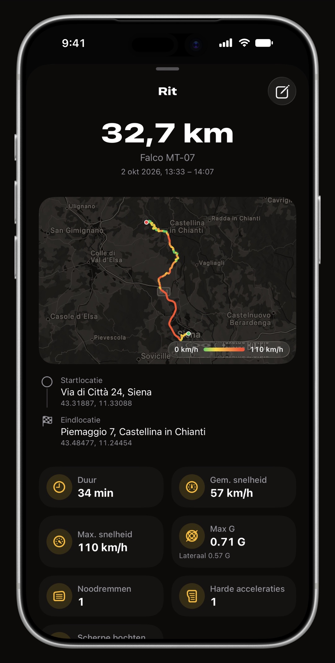 Een ritoverzicht van WrenchTime op iPhone: afstand als kop, de route van start tot finish, adressen en een raster met meetwaarden