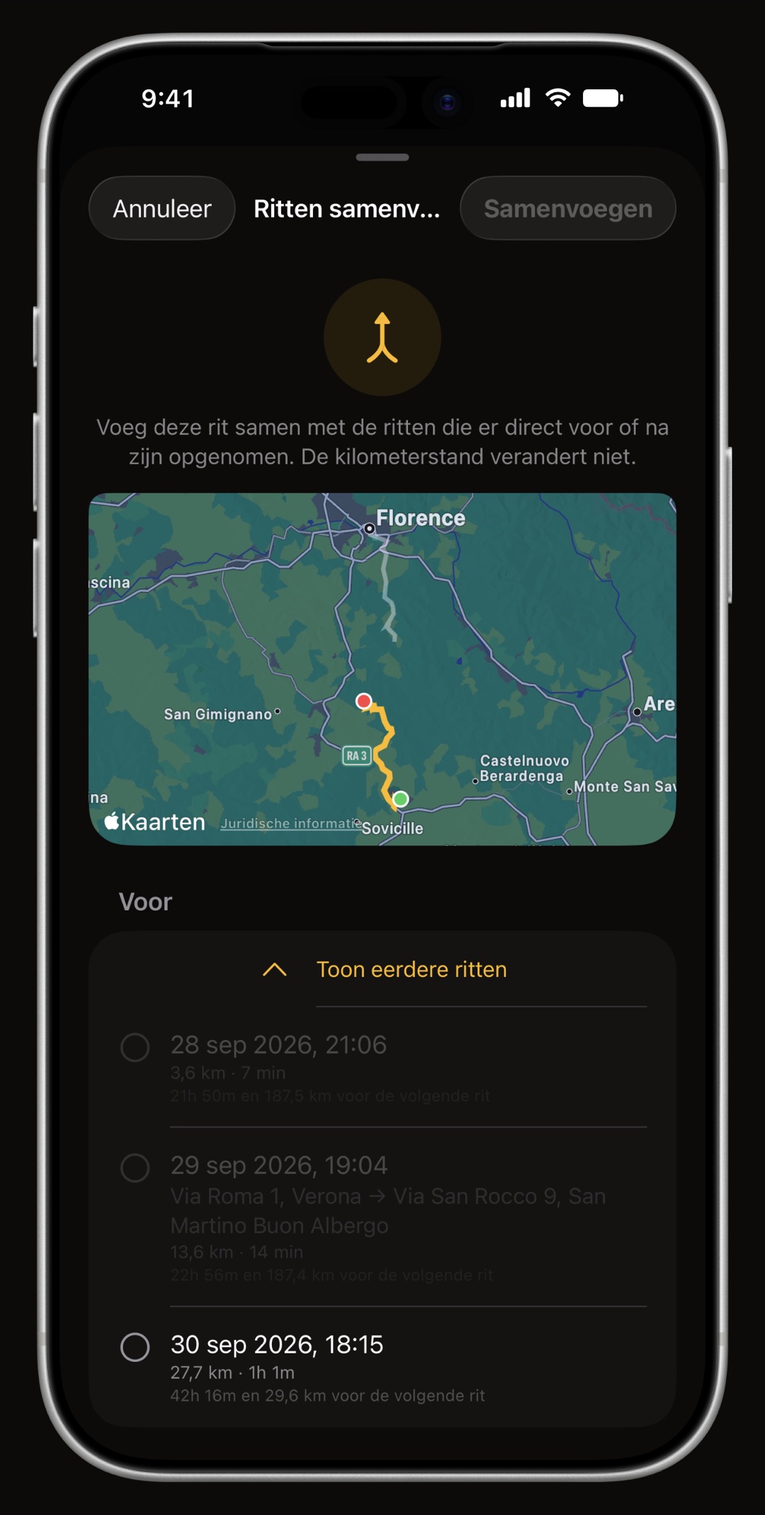 Trajectsectie van WrenchTime op iPhone die twee aansluitende ritten samenvoegt tot één rit