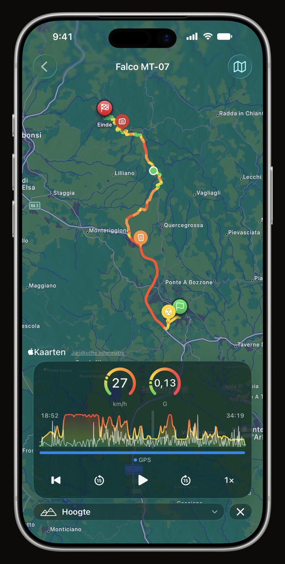 Ritspeler van WrenchTime op iPhone met meters voor snelheid, hoogte en G-krachten die langs de vastgelegde route bewegen