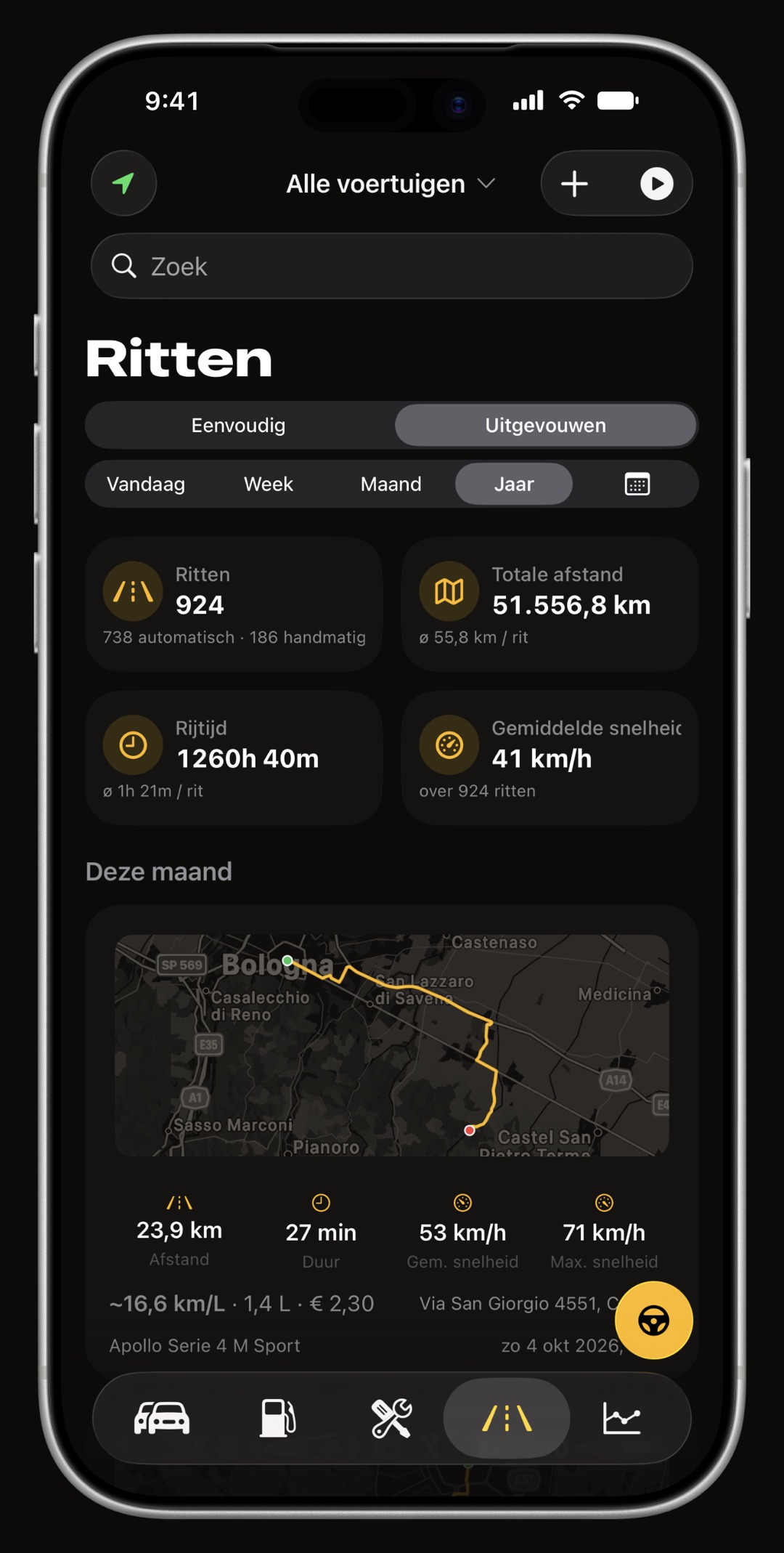 Lijst met automatische GPS-ritten in WrenchTime met routeminiaturen, afstand en gemiddelde snelheid