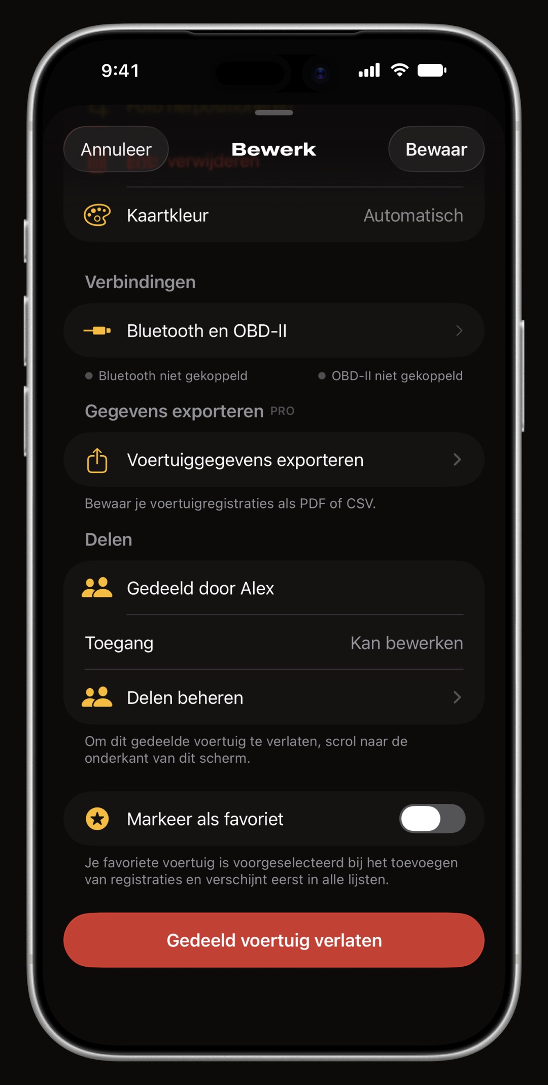 Gedeeld voertuig in WrenchTime op iPhone zoals een deelnemer het ziet: Gedeeld door Alex, Toegang Kan bewerken, Delen beheren