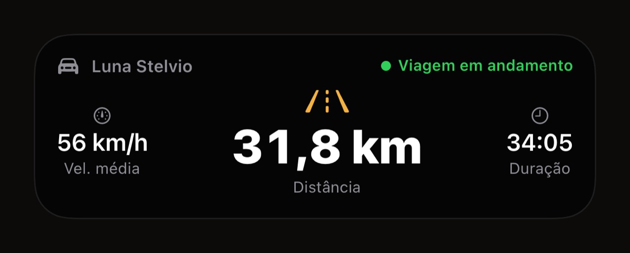 A Atividade ao Vivo da viagem do WrenchTime na Tela Bloqueada: veículo, viagem em curso, velocidade média, distância, duração