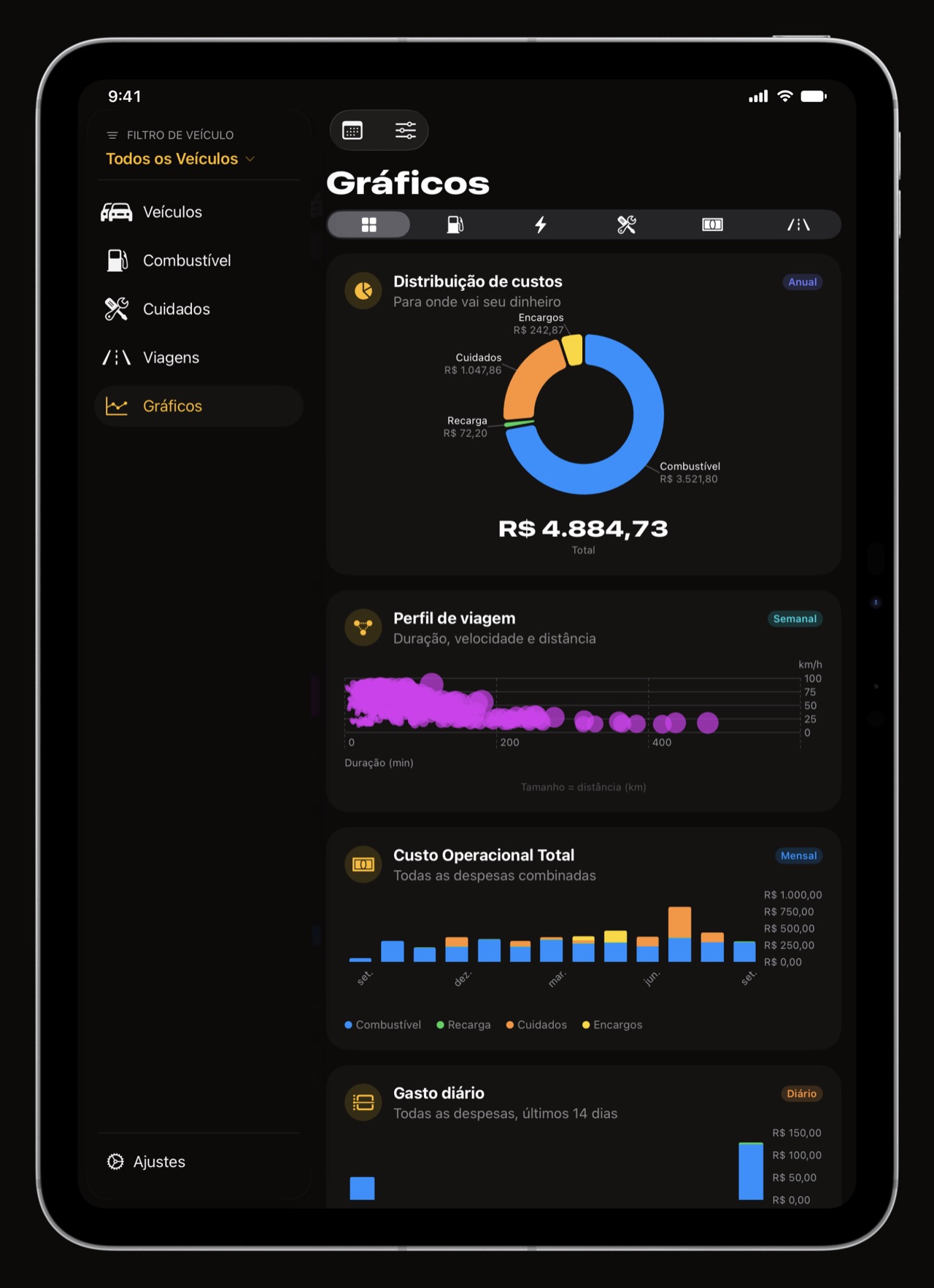 Gráficos de custos de uso do WrenchTime no iPad
