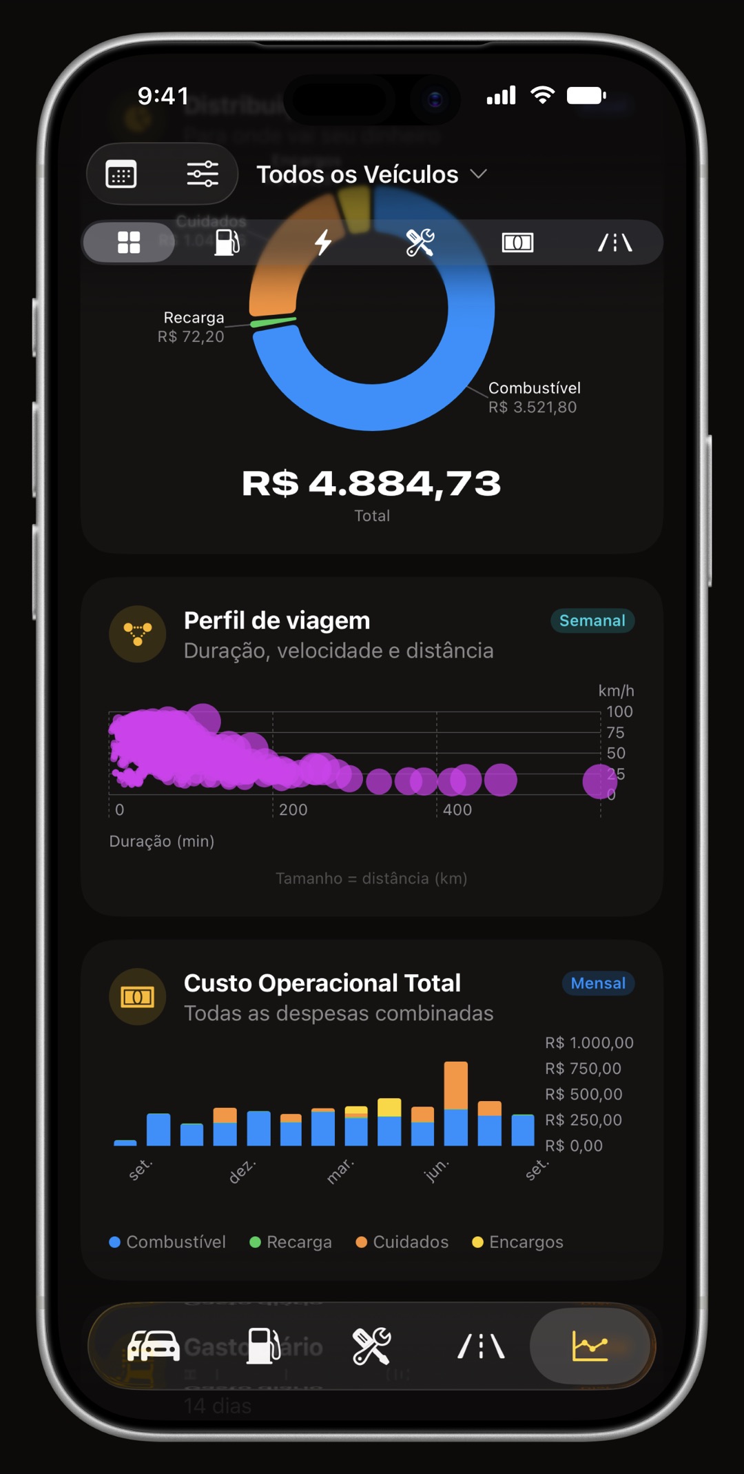 Gráficos de custos de uso e consumo do WrenchTime no iPhone