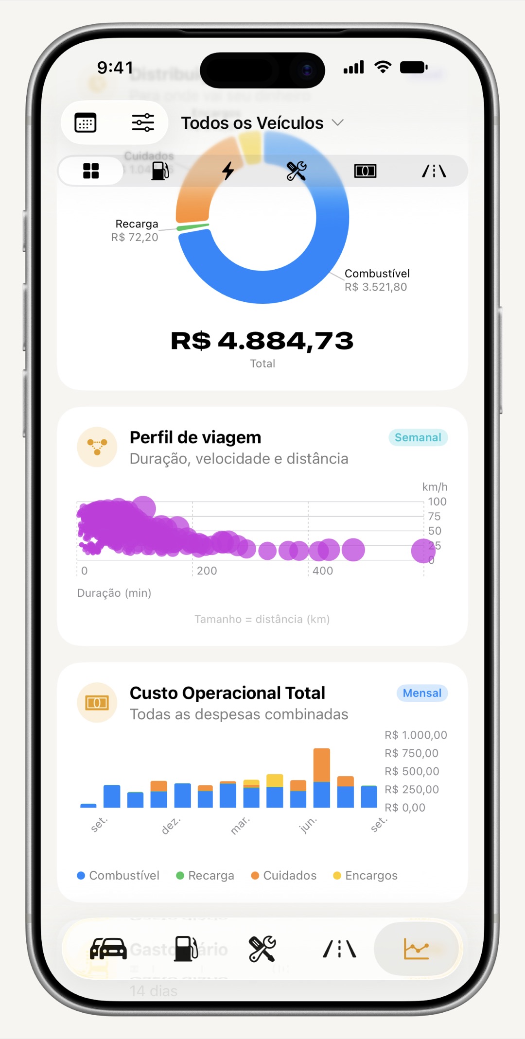 Gráficos de custos de uso e consumo do WrenchTime no iPhone