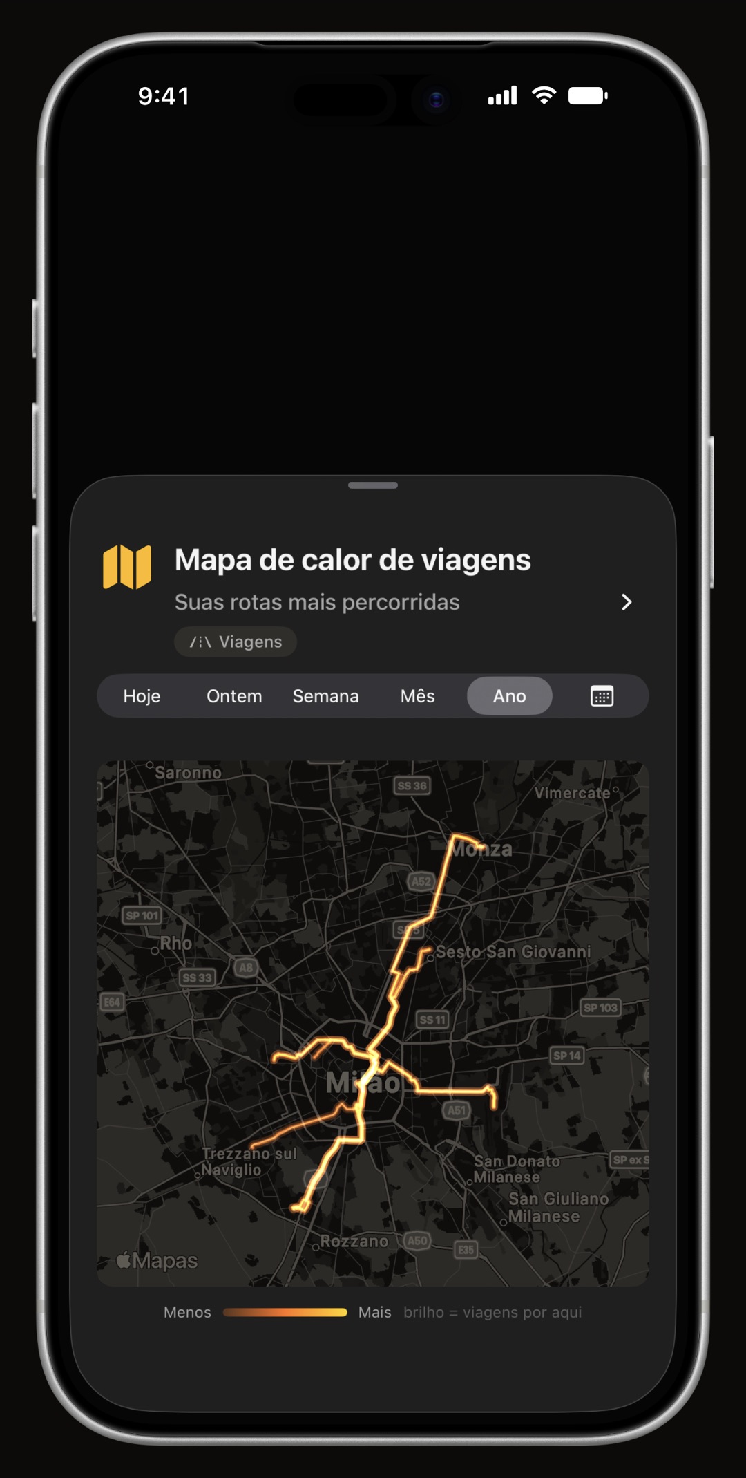 Mapa de calor de condução do WrenchTime no iPhone, mostrando por onde o veículo realmente rodou