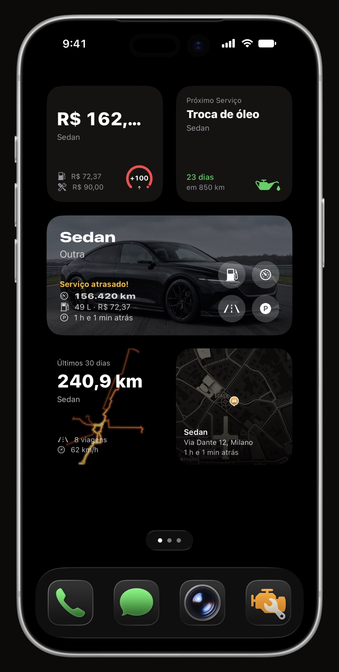 Widgets do WrenchTime para a Tela de Início e a Tela Bloqueada: nível de combustível, gasto do mês, manutenção a vencer, estacionamento
