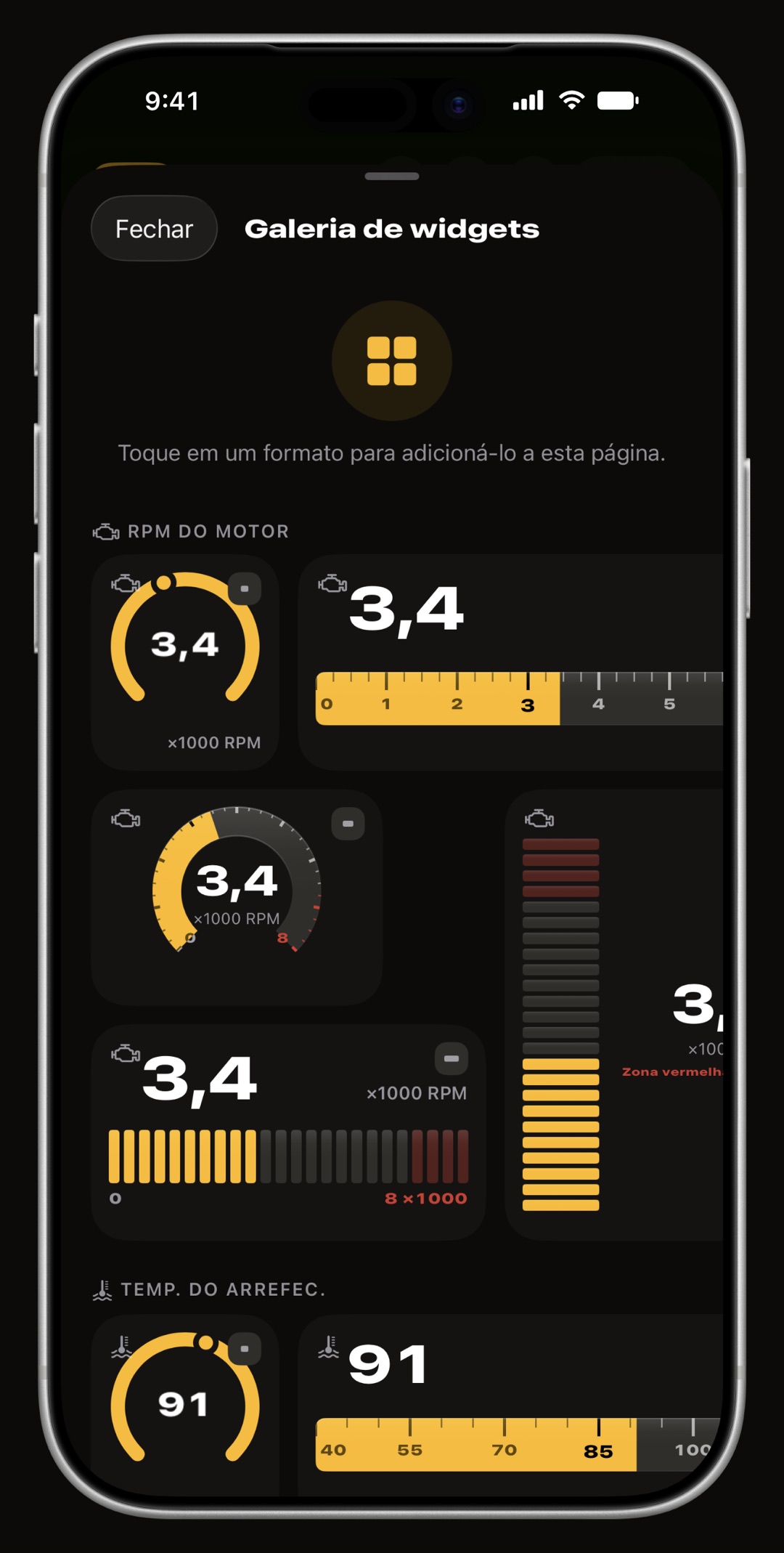 Painel WrenchTime Live em modo de edição no iPhone com a galeria de widgets aberta