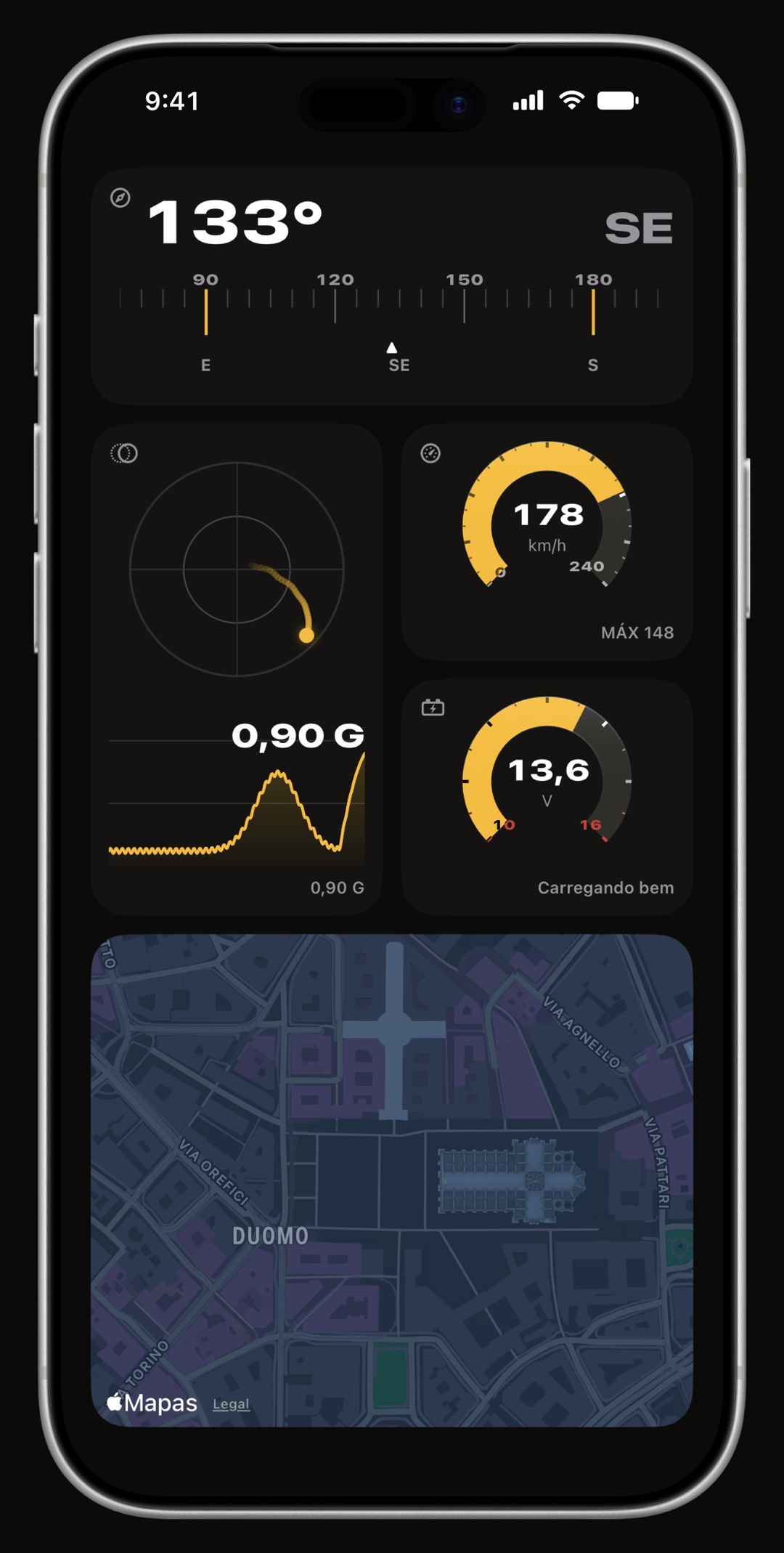 Uma segunda página do WrenchTime Live no iPhone com uma faixa de bússola, um gráfico de força G e um cartão de mapa