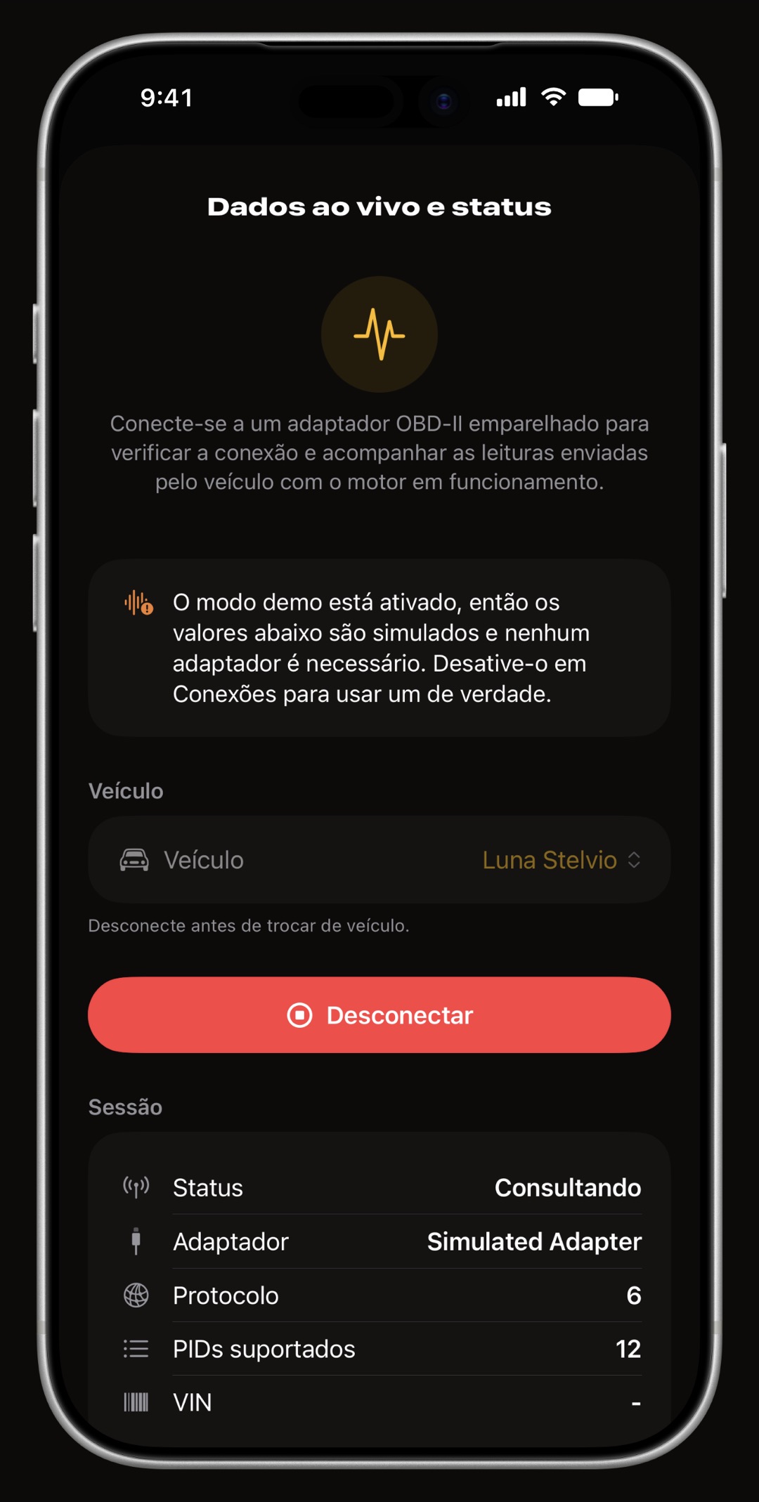 Leituras OBD-II ao vivo do WrenchTime no iPhone, uma grade de mostradores circulares agrupados por movimento, motor, combustível e ar