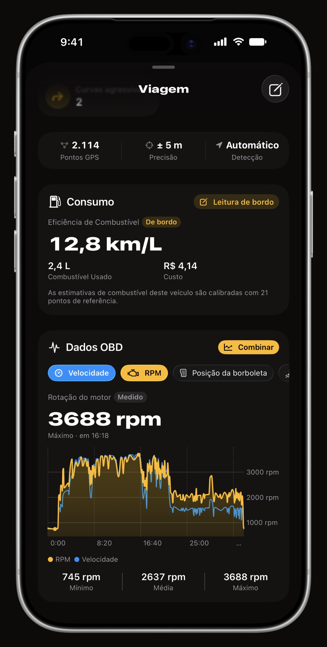 A ficha de uma viagem do WrenchTime no iPhone aberta no gráfico OBD-II, com o giro do motor ao longo do trajeto e a velocidade sobreposta