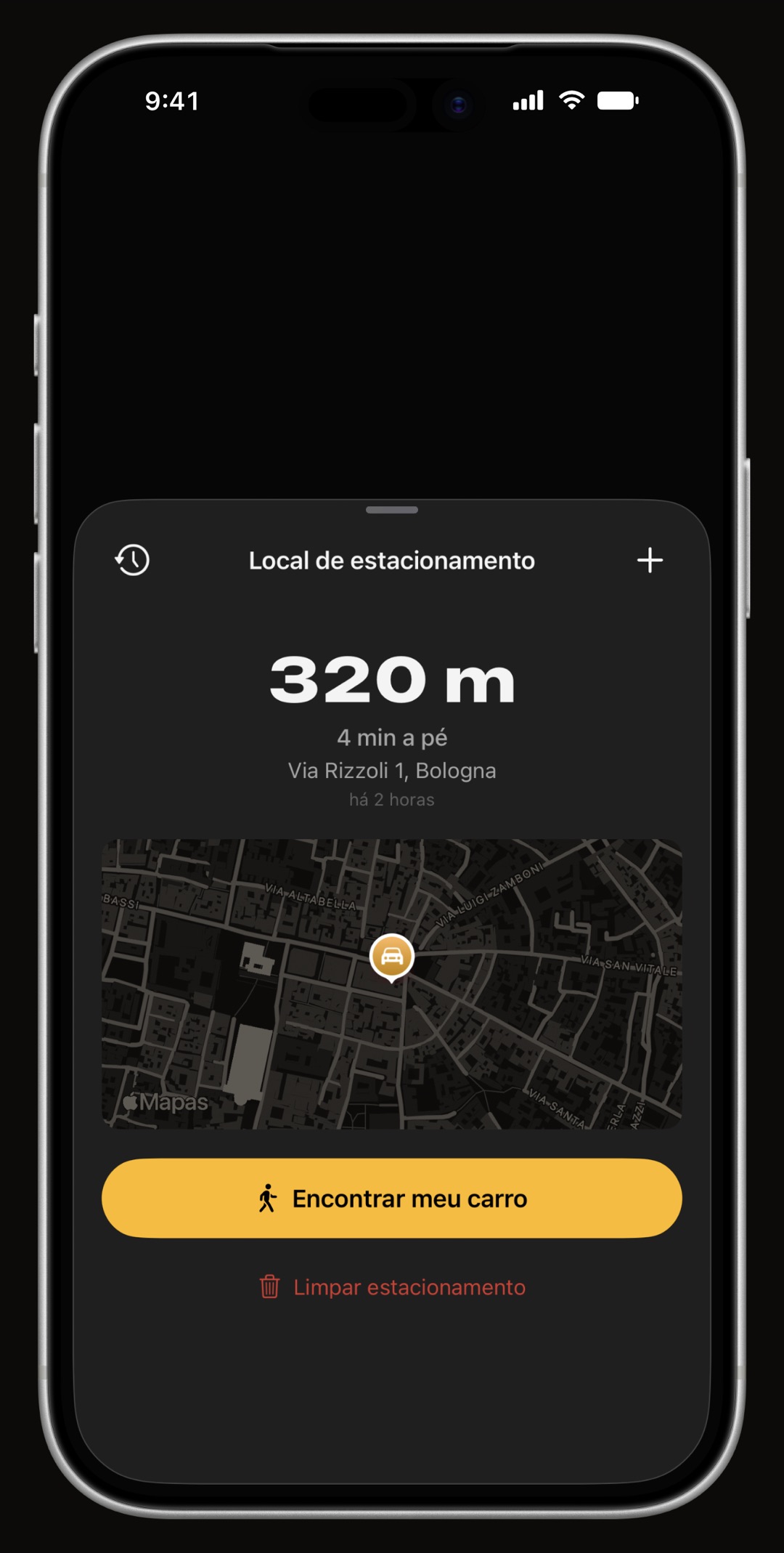 Mapa de estacionamento do WrenchTime com endereço, tempo parado e rota a pé