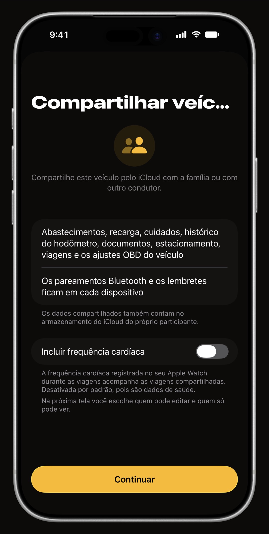 Tela Compartilhar veículo do WrenchTime no iPhone com o que viaja, o que fica em cada dispositivo e uma chave Incluir frequência cardíaca