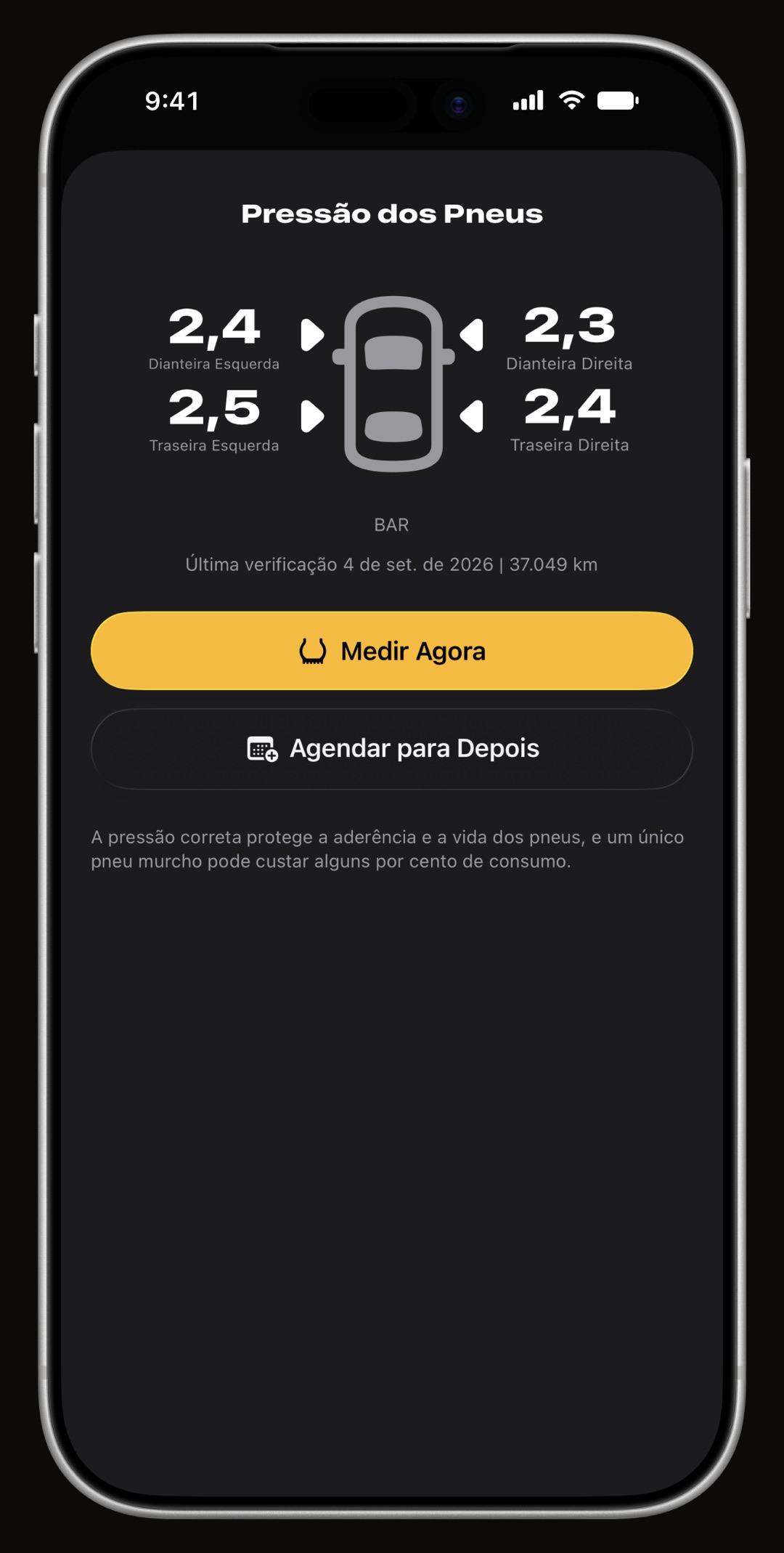 Pressão dos pneus anotada no WrenchTime sobre um diagrama do veículo, e não numa lista
