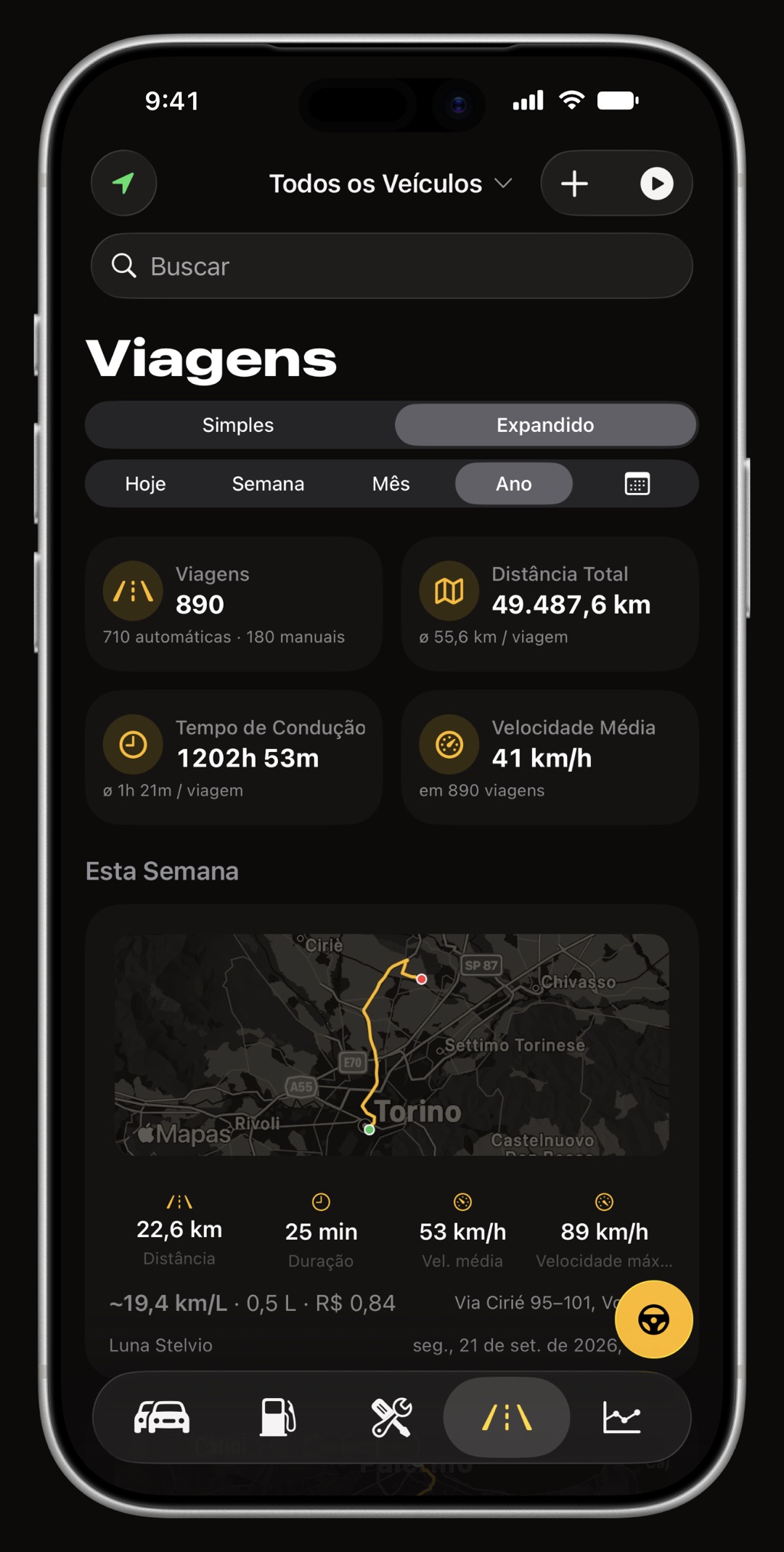 Lista de viagens por GPS automáticas no WrenchTime com miniaturas da rota, distância e velocidade média