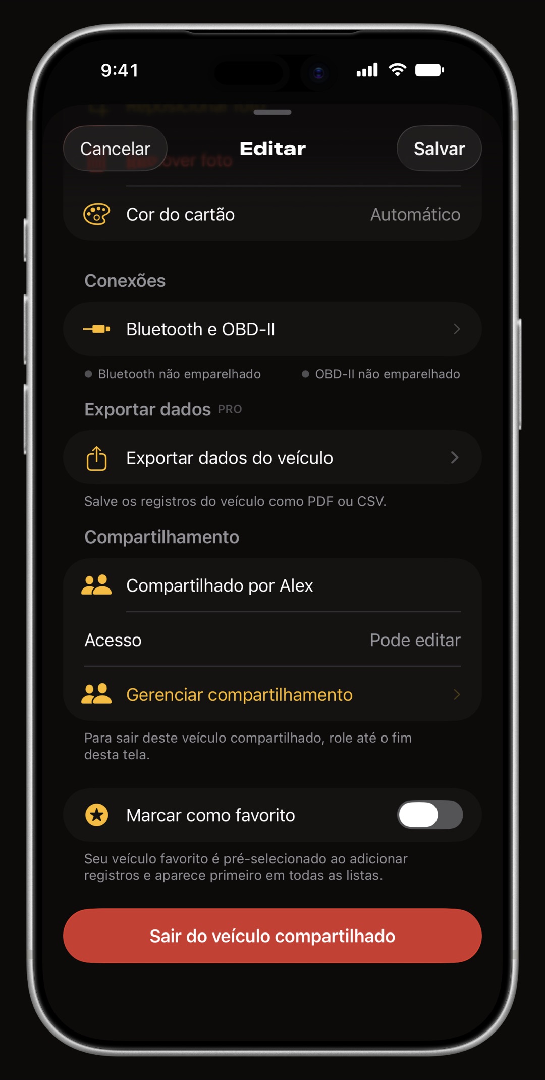 Veículo compartilhado do WrenchTime no iPhone como o participante vê: Compartilhado por Alex, acesso Pode editar, Gerenciar compartilhamento