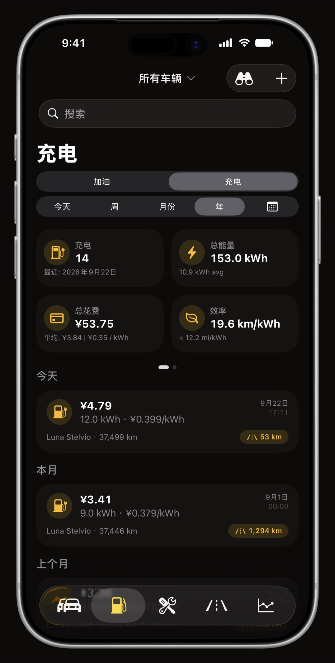 iPhone 上的 WrenchTime 充电记录,显示 kWh 电量、充电桩类型和电量百分比