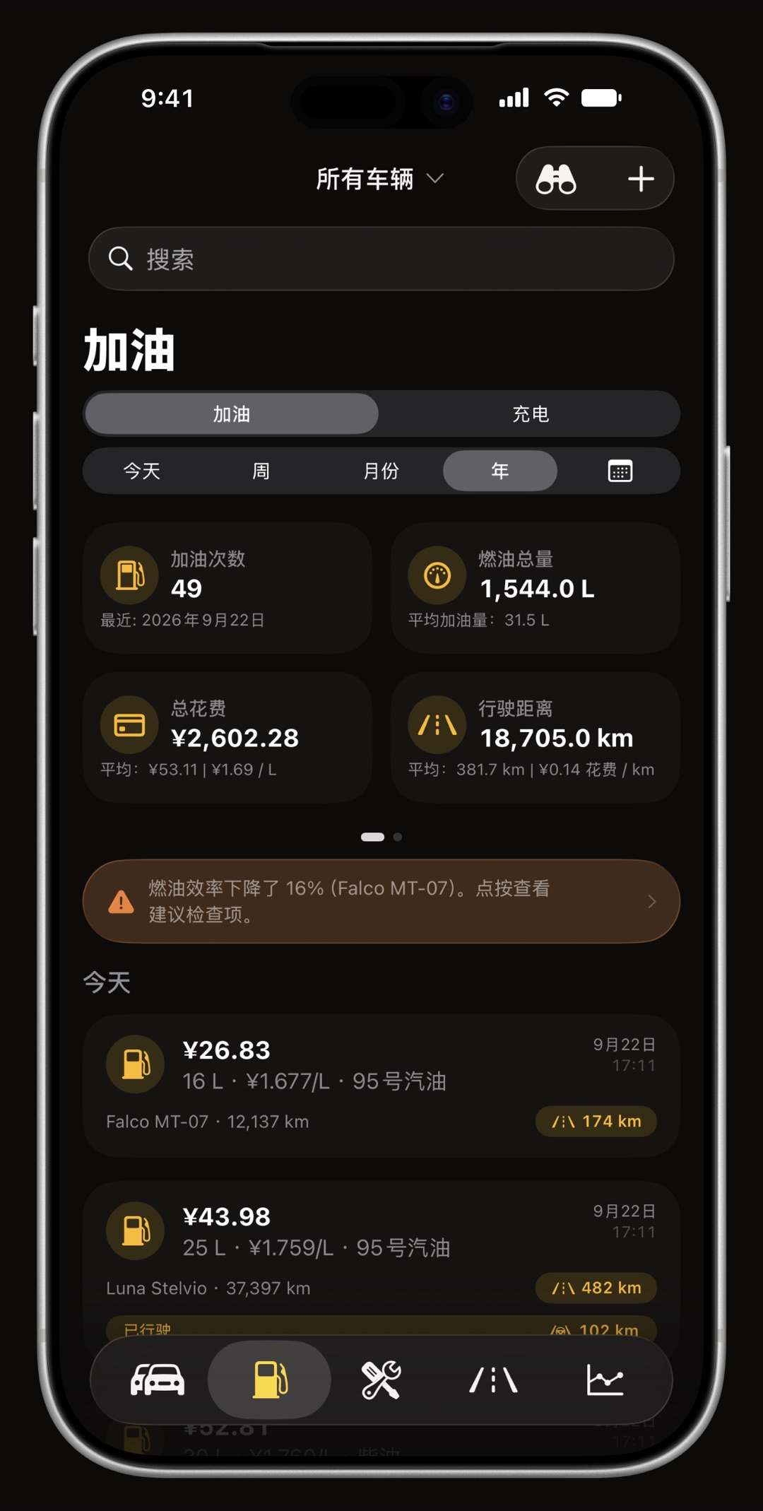 iPhone 上的 WrenchTime 加油记录，显示加油、油量、费用和满箱到满箱的油耗