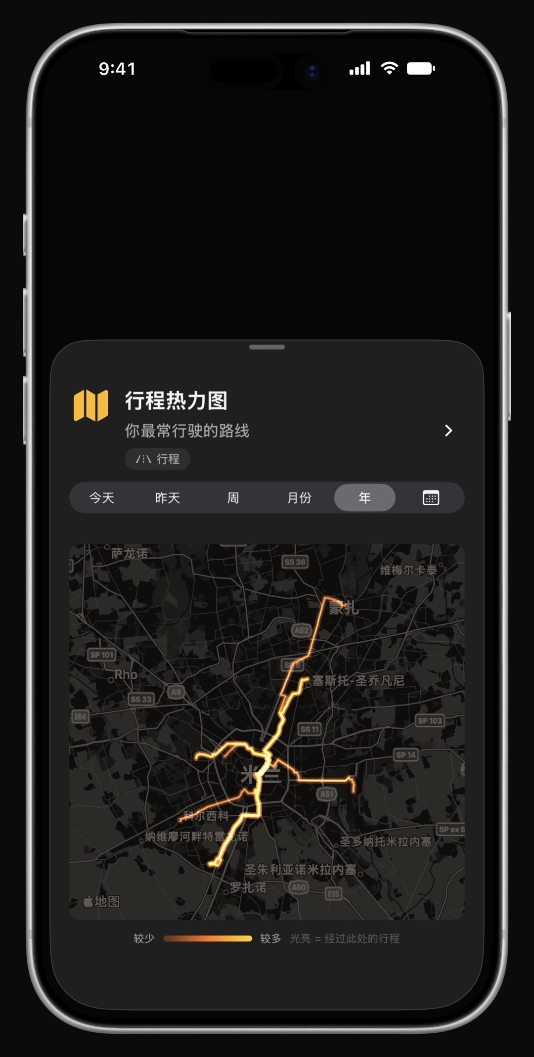iPhone 上的 WrenchTime 驾驶热力图,显示这辆车真正跑过的所有地方