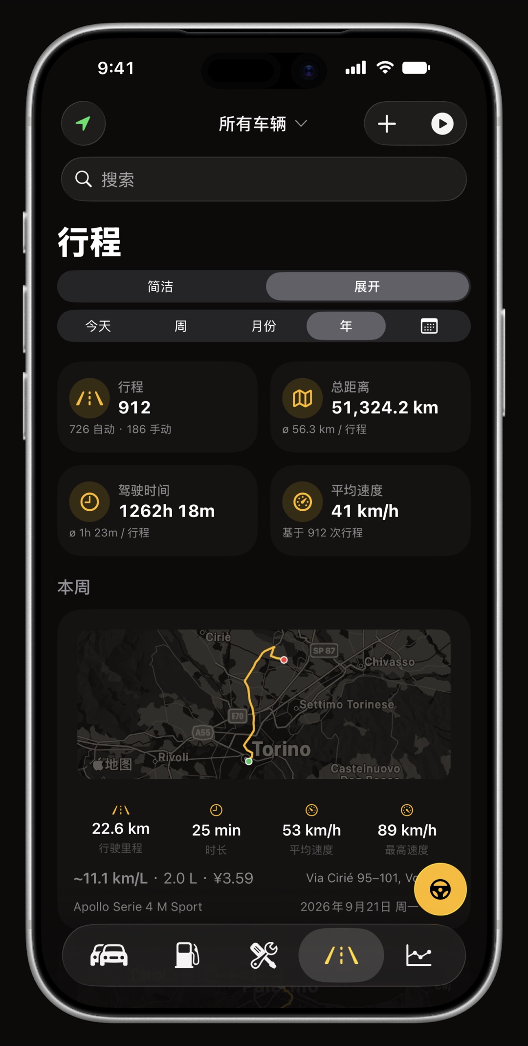 WrenchTime 的 GPS 自动行程列表，显示路线缩略图、距离和平均速度